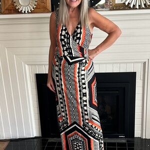 Chic Geometric Maxi Dress - Black, White, Orange